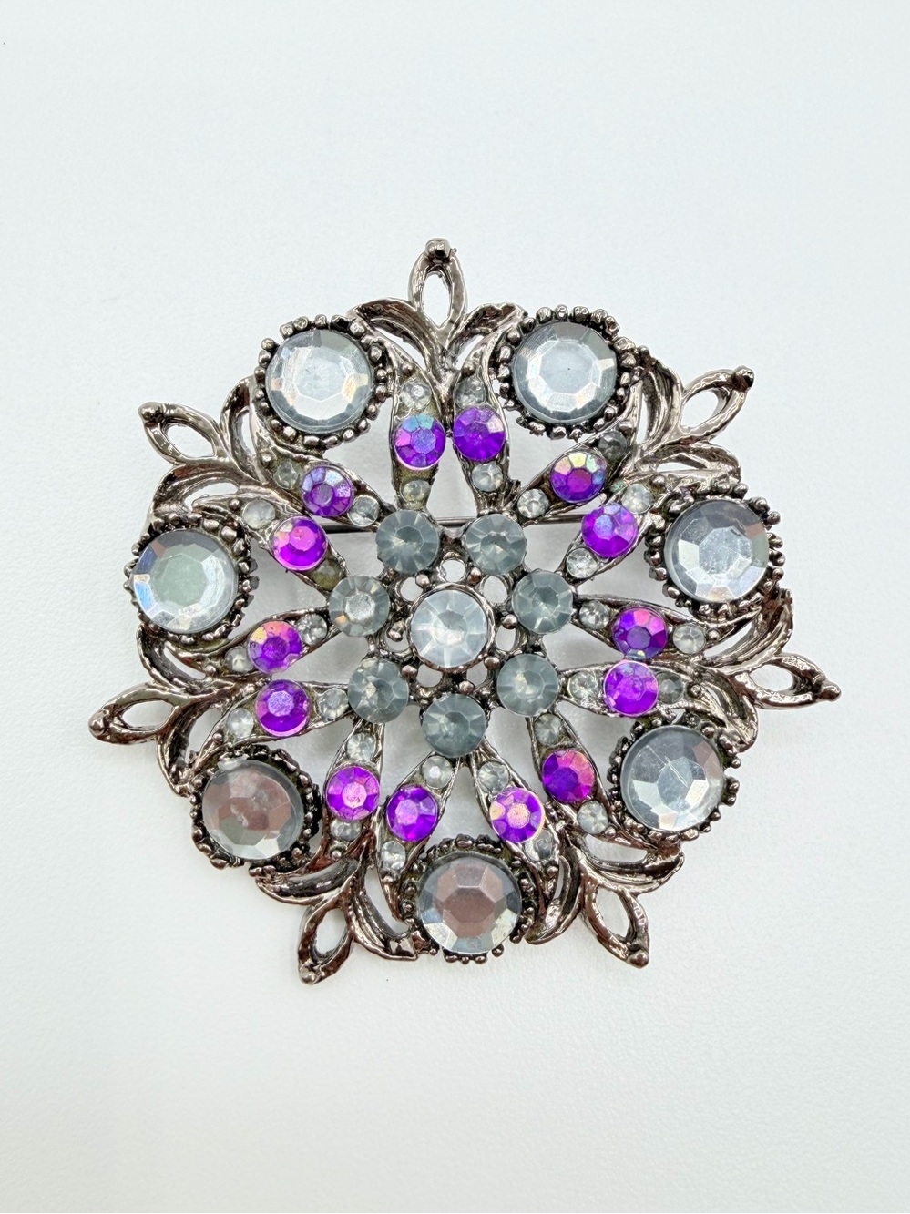Vintage Silver Tone Snowflake Brooch Purple & Frosted Faceted Stones